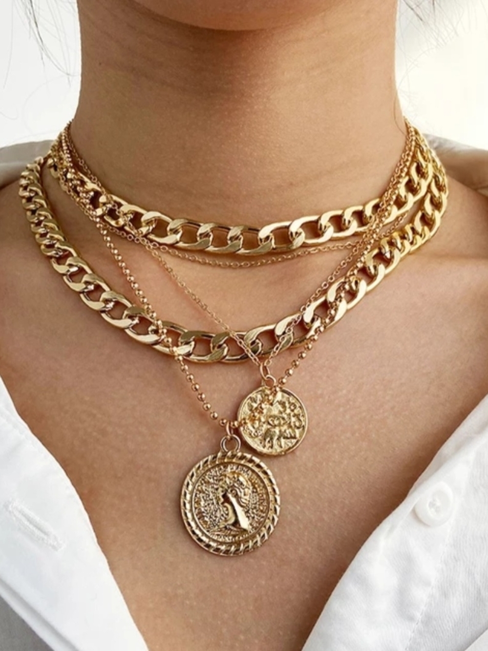 Layered Gold Coin Pendant Choker Necklace Set